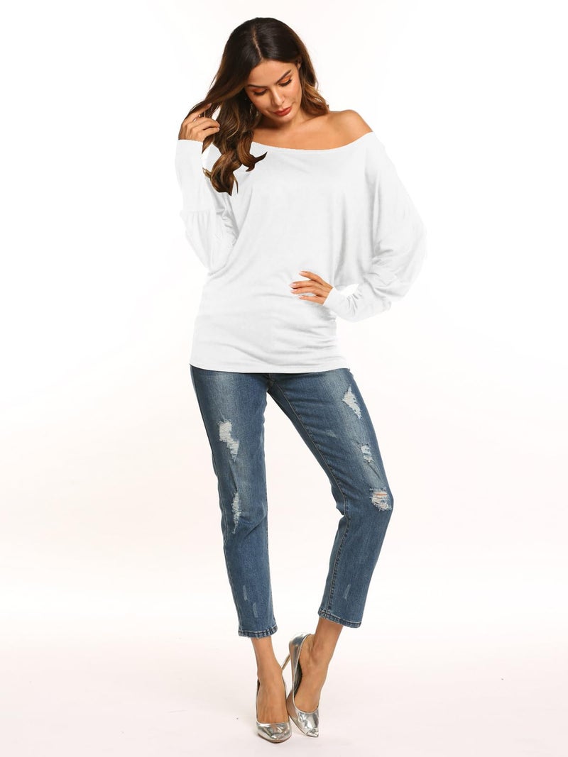 Poetsky Long Sleeve Shirts for Women Casual Basic Fall Tops Loose Fit Comfy White L - Image 5